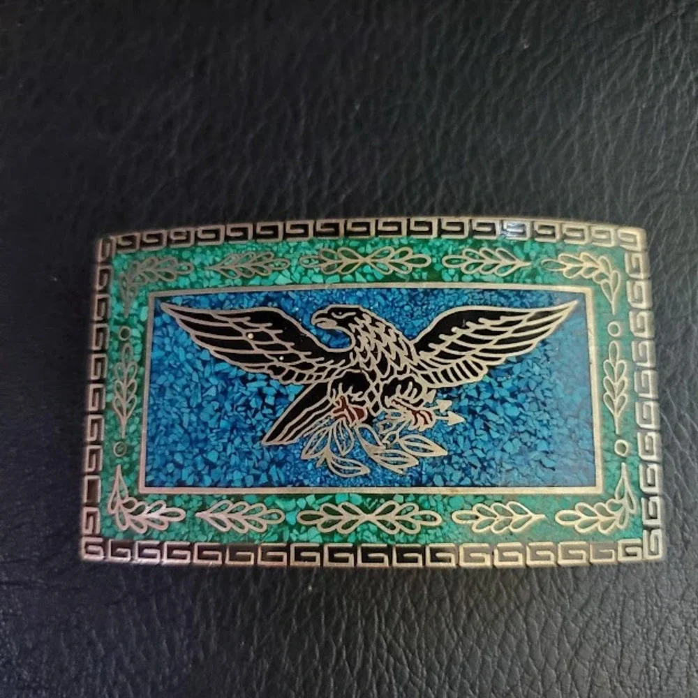 VTG Taxco Mexico Eagle Belt Buckle Turquoise Malachite Chip Inlay Silver Tone